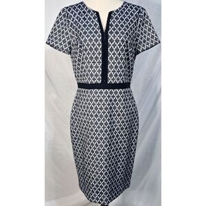 Ann Taylor Sheath Dress White Navy Blue Geometric Work Business Classic